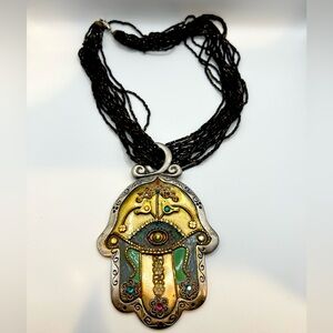Artisan Hamsa Hand Pendant Necklace – Evil Eye Statement Necklace